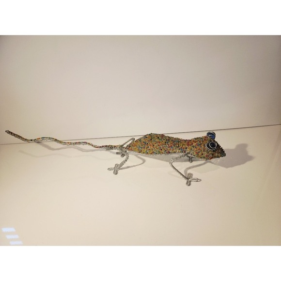 Beaded Gecko Lizard Sculpture Handmade Wire Art Colorful Figurine Garden Patio - Picture 6 of 12